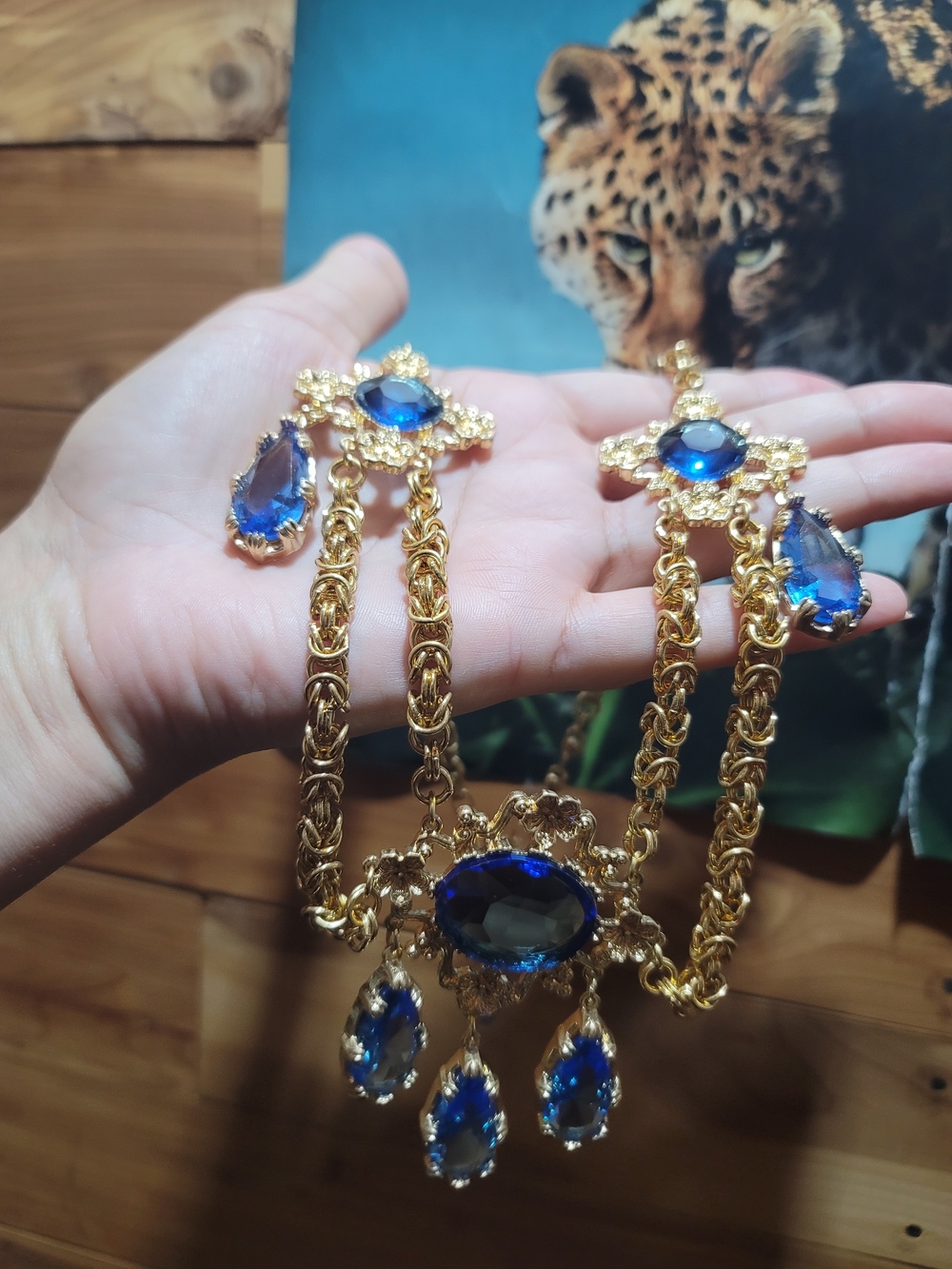 Gold-Tone Necklace with Deep Blue Crystal Drops
